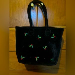 VTG 90s Black Velvet Holly Holiday Shoulder Tote Bag• Beaded Christmas purse